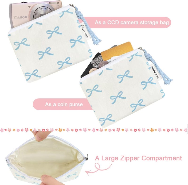 Modacarry Store Cotton Floral Small Organizer Bag Coin Pouch with Cute Prints Zipper for Women Girls (BLUE BOW) - Image 2